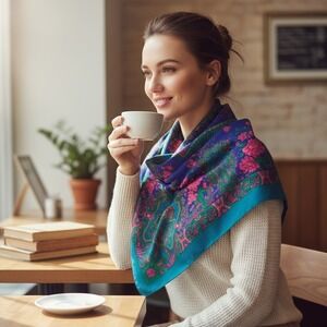 Vintage Style Italian Floral Paisley Square Scarf Purple Teal Pink Made in Italy